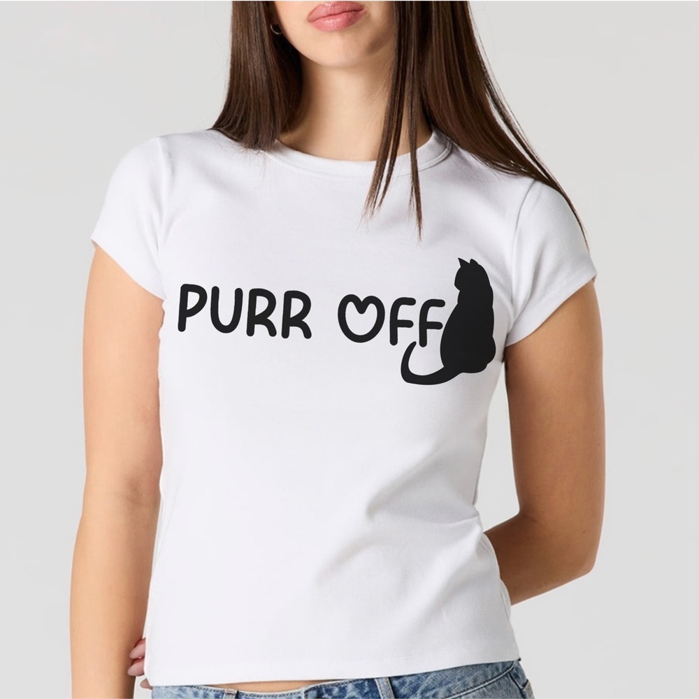 “Purr Off” Cat Graphic T–Shirt – Cotton Short Sleeve Crewneck – White